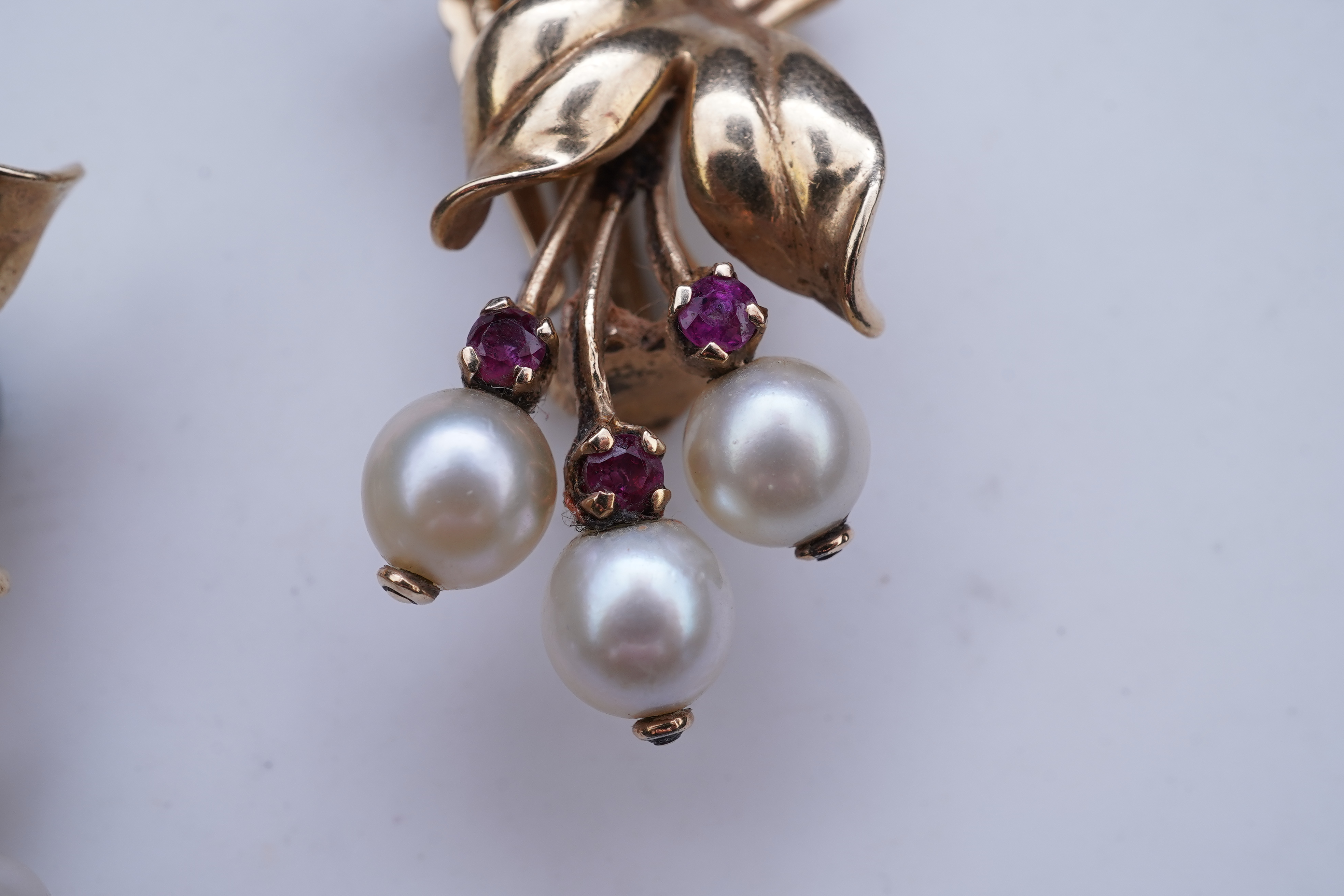 A pair of Retro cultured pearl and ruby ear clips, 1940s